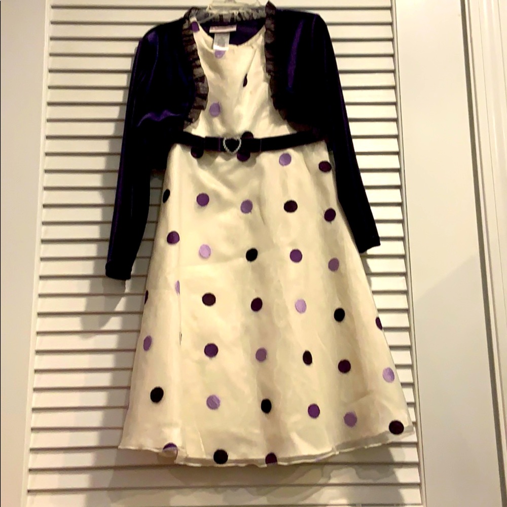 White dress with purple polka dots purple jacket